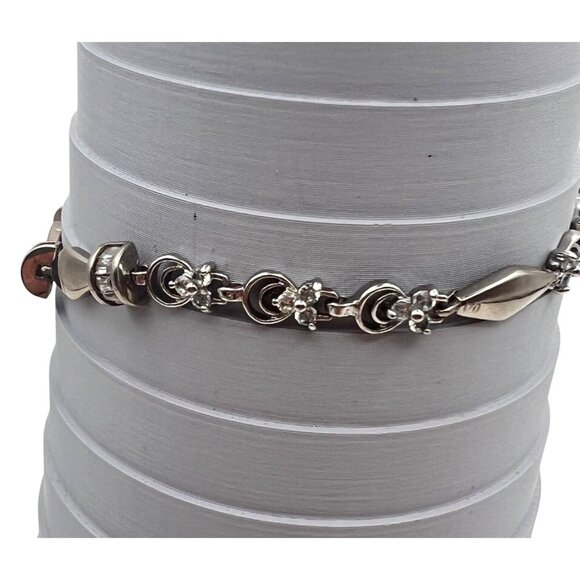 Silver Tone Bracelet Geometric  Floral Links Size 7.25" Fold-Over Clasp Vintage - Picture 8 of 10
